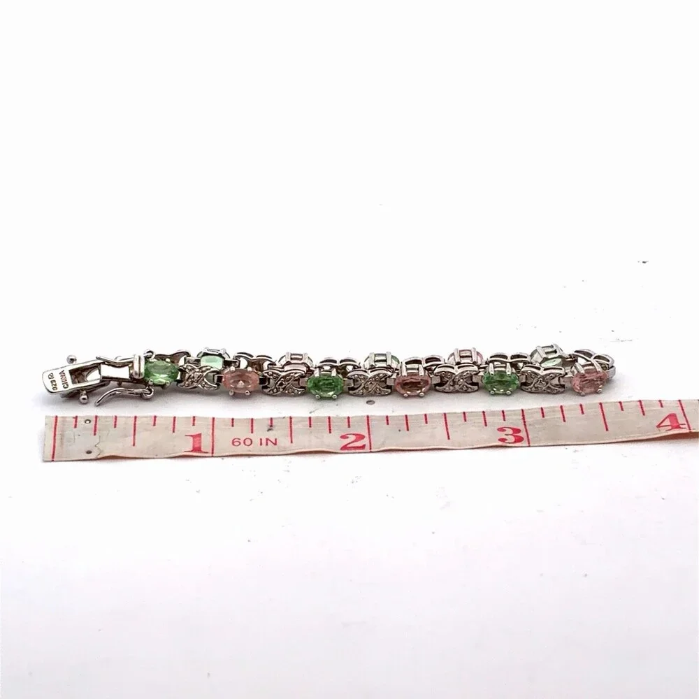 Designer Sterling Silver Pink & Green Cubic Zirconia Chain Link Tennis Bracelet